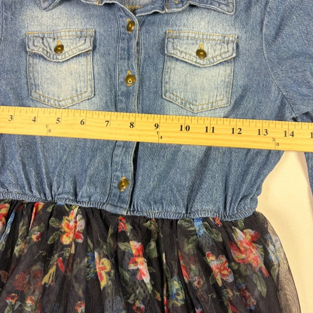 Zunie Denim Floral Tulle Mixed Media Long Sleeve Cottagecore Dress Girls 10